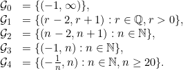 \[\begin{array}{ll}\mathcal{G}_0 & = \{(-1, \infty)\},\\\mathcal{G}_1 & = \{(r-2, r+1): r \in \mathbb{Q}, r >0\},\\\mathcal{G}_2 & = \{(n-2, n+1): n \in \mathbb{N}\},\\\mathcal{G}_3 &=\{(-1,n): n \in \mathbb{N}\},\\\mathcal{G}_4 &=\{(-\frac{1}{n}, n): n \in \mathbb{N}, n \geq 20\}.\end{array}\]