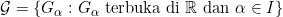 \mathcal{G} = \{G_\alpha: G_\alpha \text{ terbuka di } \mathbb{R} \text{ dan } \alpha \in I\}